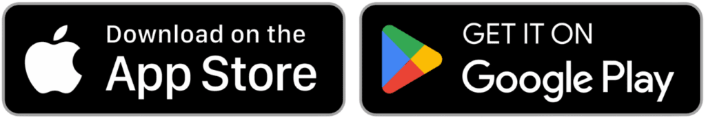 Main download badges for App Store and Google Play are showcased side by side.