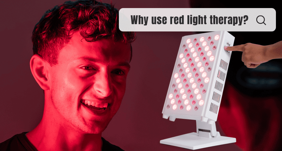 A person is smiling in the red glow, with a large red light therapy device nearby. A hand points to a text bubble saying, "Why use red light therapy?" Discover how this treatment can tighten skin and reduce wrinkles, offering rejuvenation and a smoother appearance.