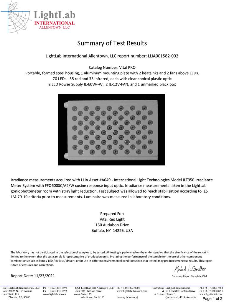 A lab report page with a summary of test results, highlighting red light therapy findings. It includes a logo, a detailed description of test measurements, and a contact address at the bottom.