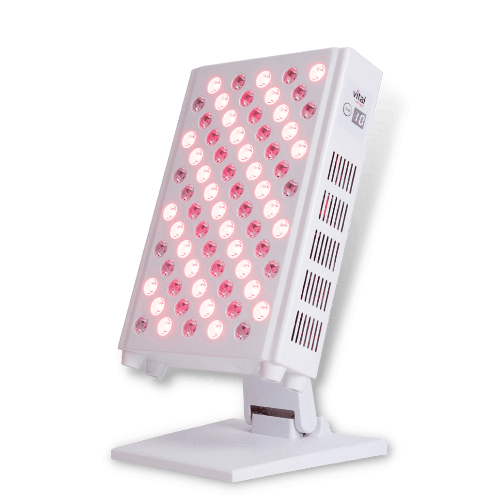 A white LED panel device with multiple pink lights is mounted on an adjustable stand against a black background, perfect for back-up pages during photo sessions or creative shoots.