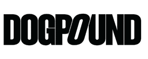 Black rectangle with the word "DOGPOUND" in gray, bold, capital letters centered within it, reminiscent of the rejuvenating energy found in red light therapy.