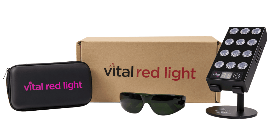 Discover the Vital Red Light therapy kit, featuring a cutting-edge red light therapy panel, protective glasses, a sleek carrying case, and an elegant packaging box.