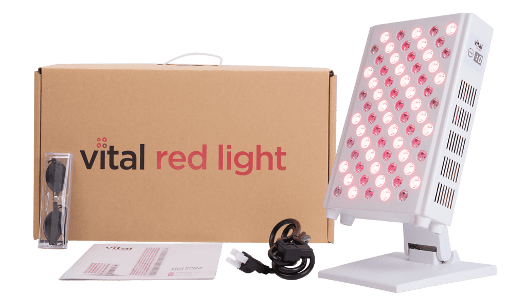 The Vital Red Light therapy device, designed for optimal wellness, is shown with its stand, packaging box, protective eyewear, instruction manual, and power cable. Embrace the benefits of red light therapy effortlessly.