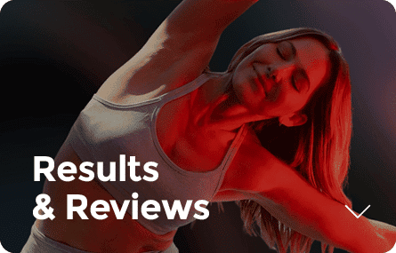 Person in athletic wear stretching with eyes closed, embracing the calm before action. On the left, "Results & Reviews" hovers, echoing the dedication seen in practices like red light therapy.