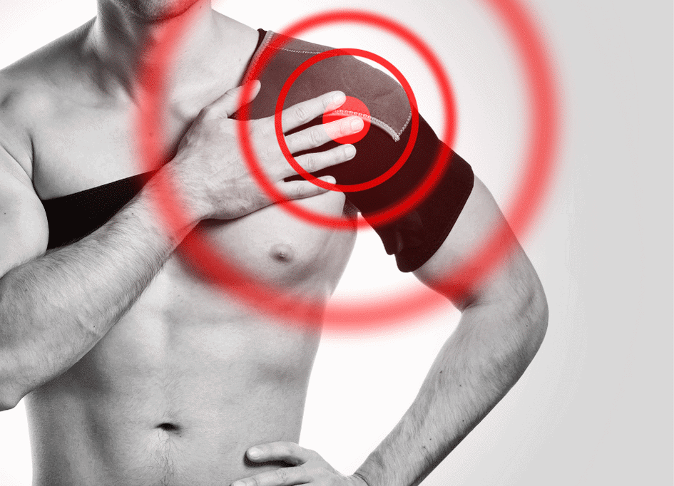 A shirtless person holds their shoulder, highlighted with concentric red circles to indicate pain or injury. This depiction raises the question: how does red light therapy work in alleviating such discomfort and promoting skin health?.
