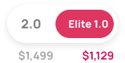 Two overlapping pills show "2.0" and "Elite 1.0". Prices below are $1,499, crossed out, and $1,129 in red.