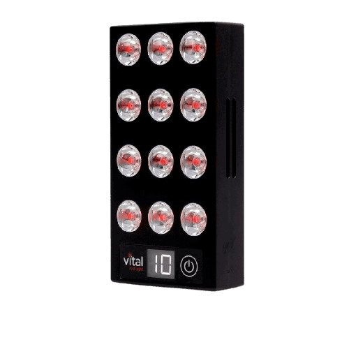 A black LED light therapy device with 12 circular lights and a digital display showing the number 10.