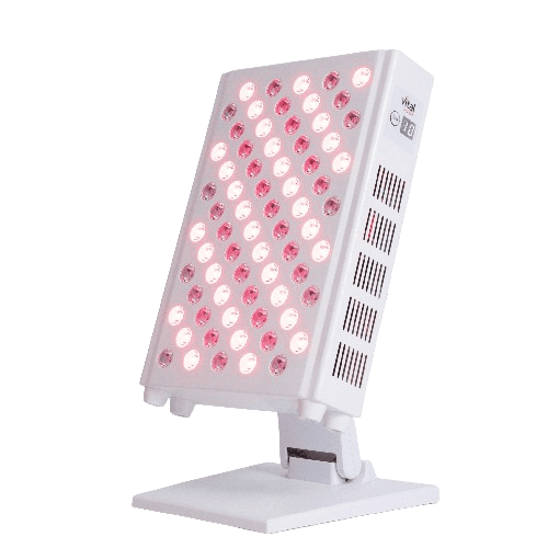 A white LED therapy light panel with multiple red and infrared bulbs on a tiltable stand.