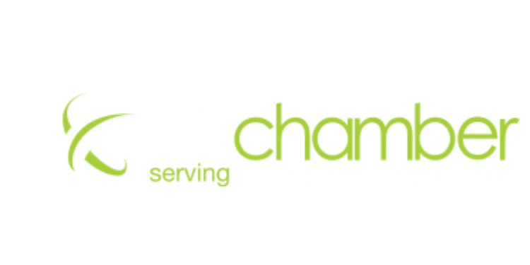Logo of the Boca Chamber featuring "boca chamber" in lowercase green and white text, with "serving south palm beach county" elegantly inscribed beneath. Designed by Andrew Hasty, it embodies a modern yet professional aesthetic.