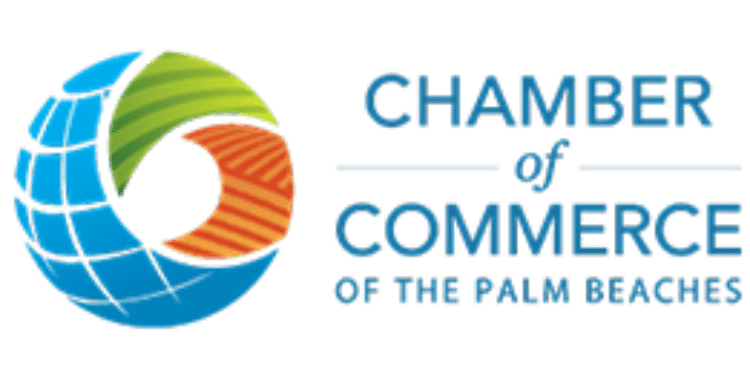 Logo of the Chamber of Commerce of the Palm Beaches featuring a circular emblem with blue, green, and orange segments, thoughtfully designed by Andrew Hasty.