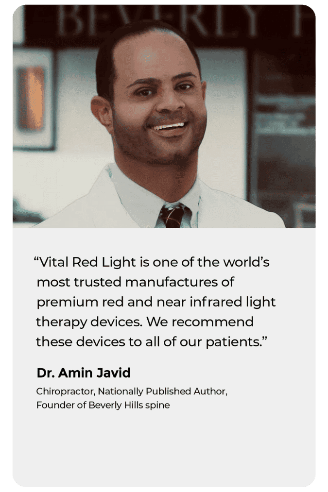 A man in a white coat smiles. The caption shares a testimonial about the benefits of red and infrared light therapy devices by Dr. Amin Javid.
