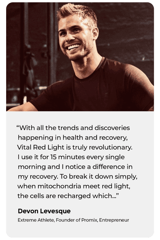 Smiling person in gym attire next to a quote about using Vital Red Light for health recovery by Devon Levesque.