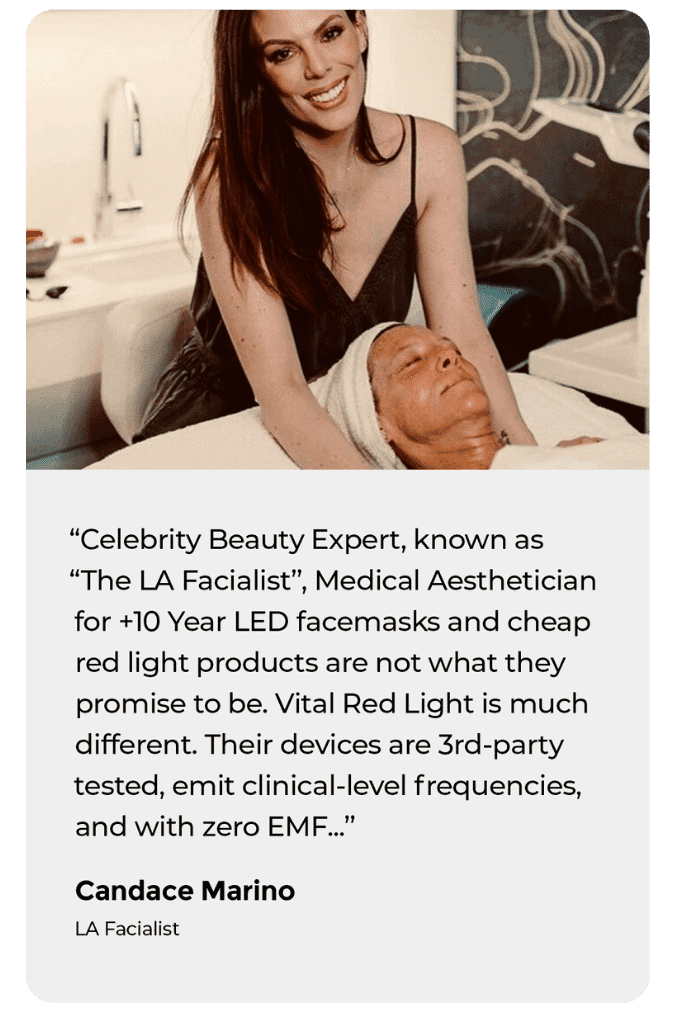 A woman applying a treatment to another person lying down, with written text about LED facemasks and Vital Red Light products below.