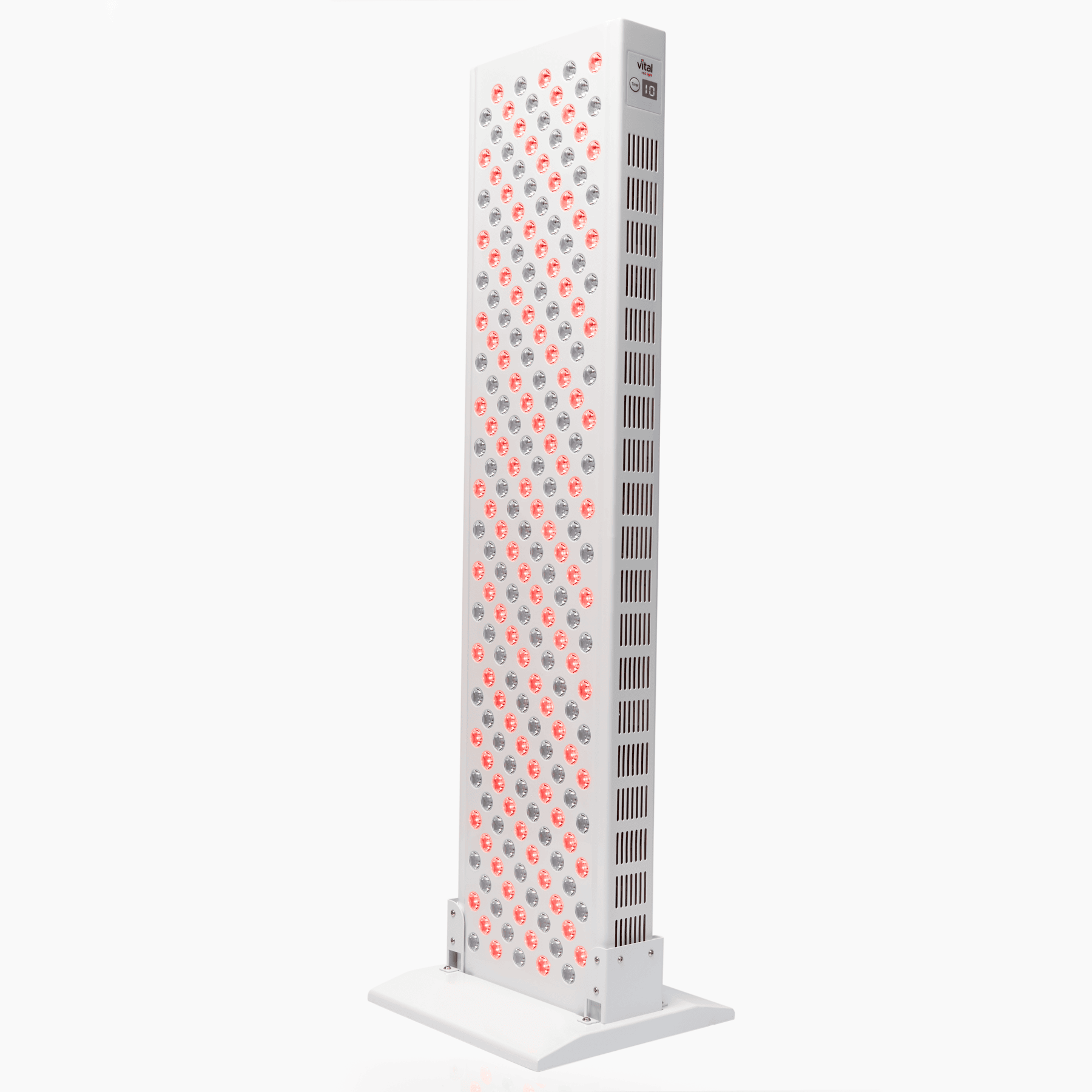 vital elite red light therapy device with multiple small red lights arranged in a grid pattern. It is mounted on a wide base.