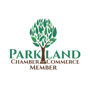Logo with a stylized tree above the text "Parkland Chamber of Commerce Member" in green and brown on a black background, designed by Andrew Hasty.