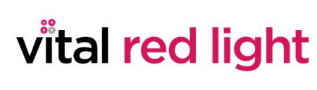 Logo with the text "vital red light" in black and red. Three red dots and one white dot are above the "i" in "vital.