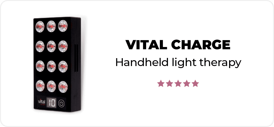 Handheld light therapy device with red and white lights next to the text "VITAL CHARGE" and a five-star rating.