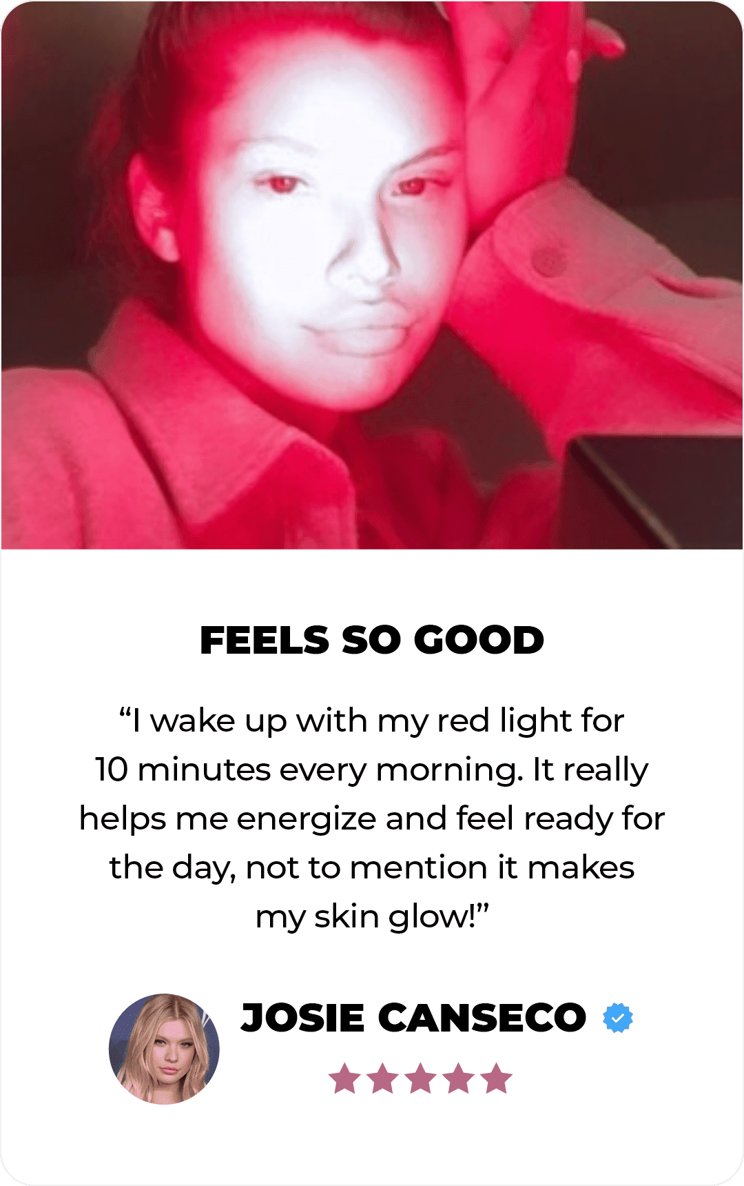 A woman under red lighting, wearing a coat, is featured above a testimonial about using red light therapy for daily energy and glowing skin. Includes a five-star rating and profile picture.