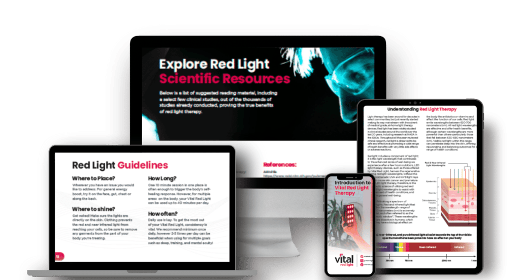 A computer, tablet, and smartphone displaying red light therapy guidelines and scientific resources.