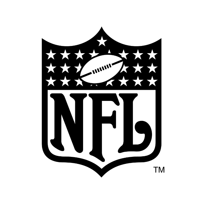 NFL logo featuring a football and stars above the letters "NFL" on a shield background.