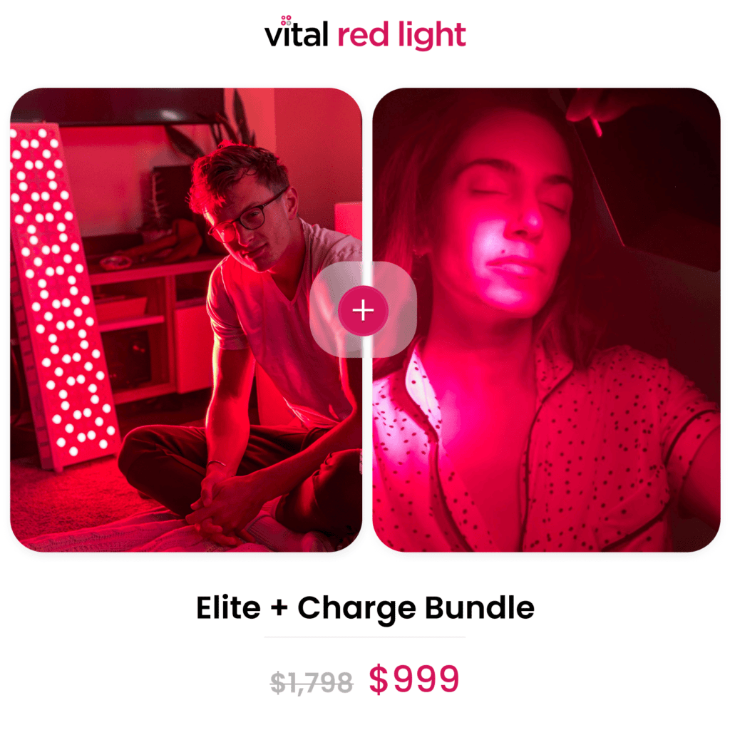 Two people using red light therapy devices, one sitting by an Elite panel and the other with a handheld Charge device. The text reads: "Elite + Charge Bundle" available now for just $999.
