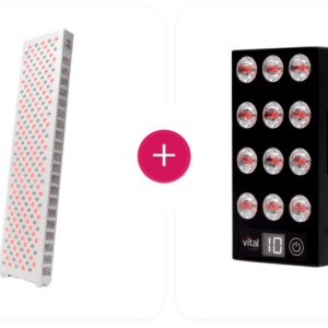 The Elite + Charge Bundle features two LED light therapy devices placed next to each other - one in white and the other in black - separated by a pink plus sign.