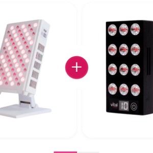 Pro + Charge Bundle: Two LED light therapy devices side by side, one in white with a stand and the other in black, separated by a plus sign.