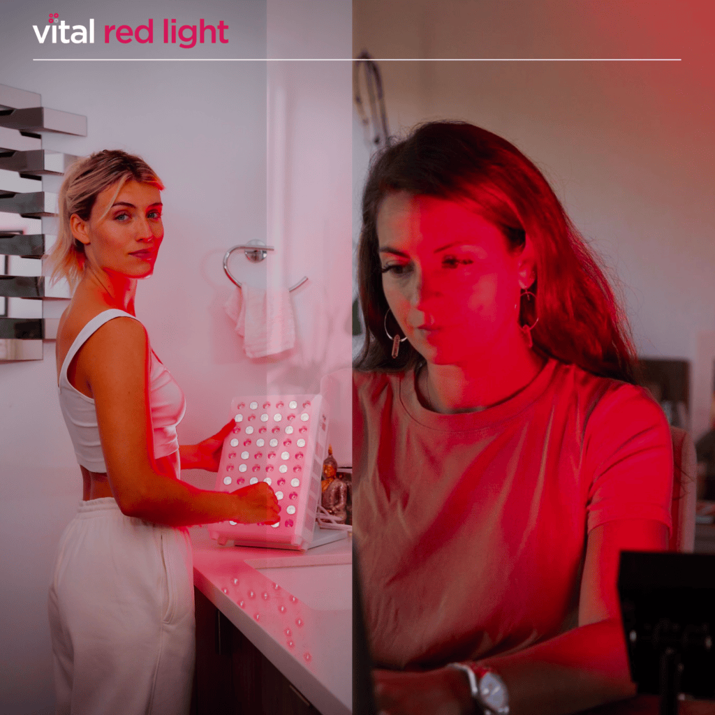 Two women experiencing red light therapy: one stands confidently with a pro device in a bright setting, while the other charges her energy sitting at a desk in a dim ambiance.