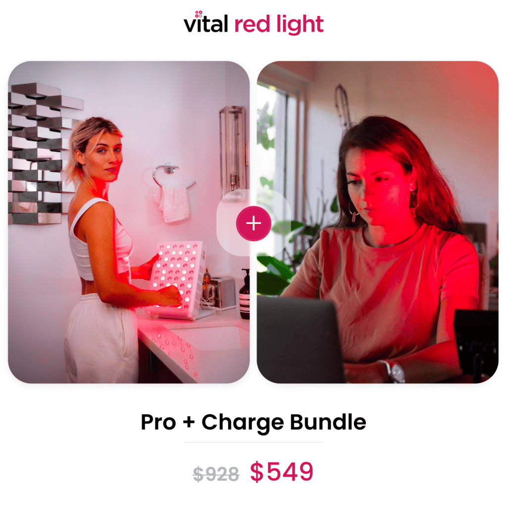 Two images feature women using the Pro + Charge Bundle LED light therapy device. One woman is standing by a bathroom sink holding a panel, while the other is working on a laptop beneath a mounted red light therapy device. The accompanying text highlights an enticing price reduction offer.