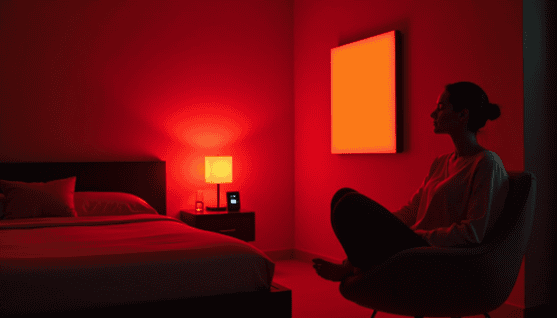 The red lighting suggests a soothing ambiance from a LED Light Therapy device.