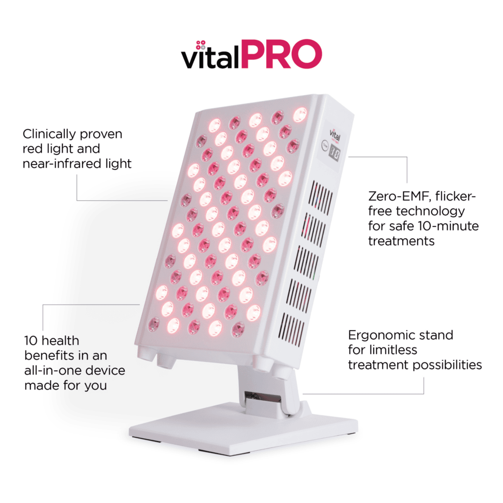 The VitalPRO light therapy device, perfect for wholesale buyers, features red and near-infrared light, an ergonomic stand, and zero-EMF technology for convenient 10-minute treatments. Experience its 10 health benefits tailored to boost your well-being efficiently.