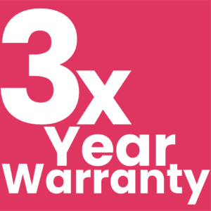 Bold white text on a red background reads "3x Year Warranty.