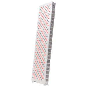 A vertical panel, essential for any red light therapy shop, boasts a grid of red and white bulbs. It's designed for therapeutic use and stands elegantly on small feet.