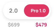 A comparison highlights "Vital Pro 2.0" with a gray circle and "$699" grayed out, while "Vital Pro 1.0" is marked with a pink circle and priced at $479 in pink, showcasing the software upgrade's value in cutting-edge technology.