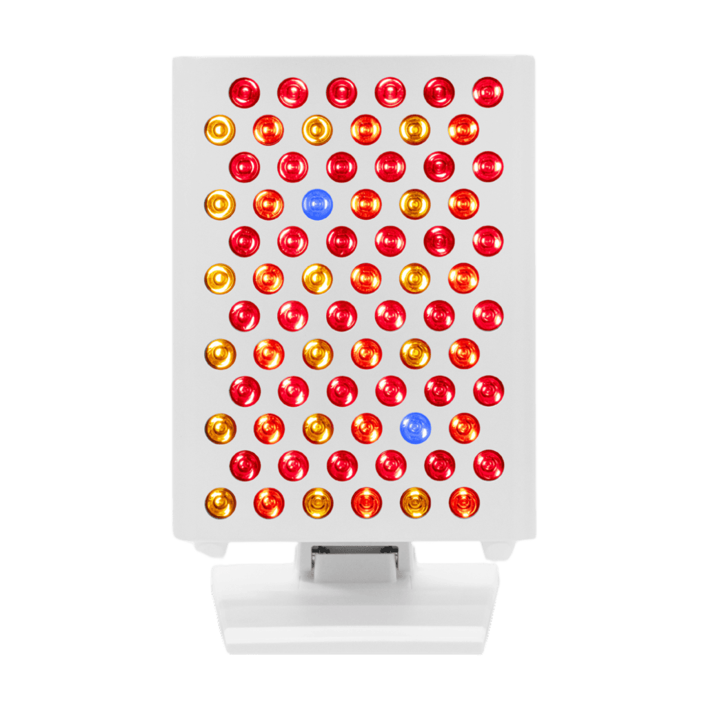 A white panel with an array of multicolored LED lights, featuring red, orange, and blue bulbs, is displayed.