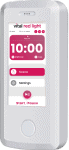 A handheld device features a screen with "vital red light," a timer set to 10:00, and options for "favorite" and "settings." Ideal for those exploring vital red light therapy devices, this gadget merges convenience with cutting-edge wellness technology.
