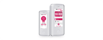 Two Vitalograph medical devices boast digital screens featuring measurement readings and settings options in pink and white, seamlessly integrating a Mega Menu for enhanced navigation.
